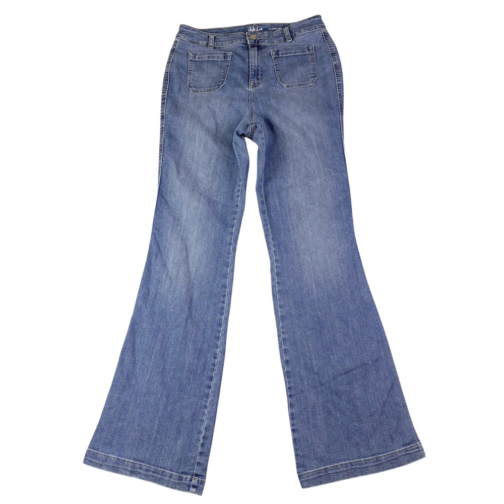 Style & Co 12 Blue Flare Leg Jeans High Rise Patch Pocket Retro 70s Boho Denim